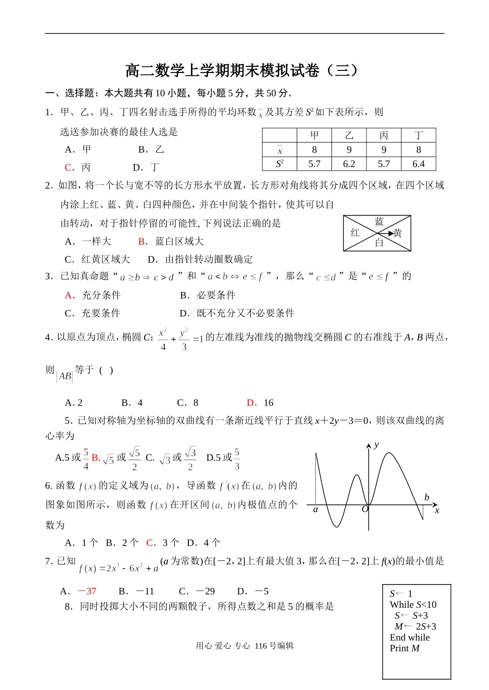 高二数学上学期期末模拟试卷（三）_第1页