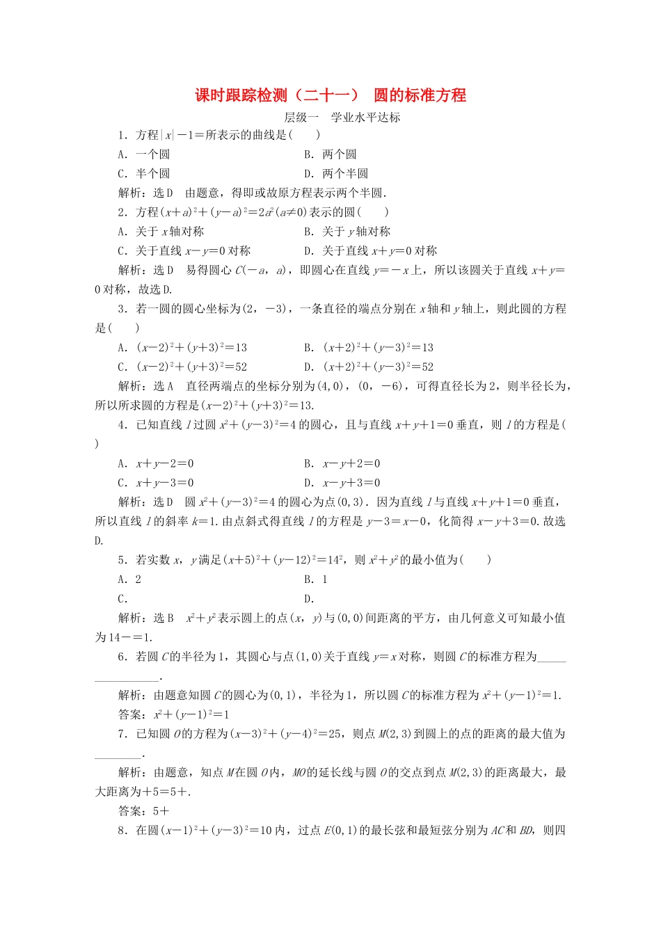 高中数学 课时跟踪检测（二十一）圆的标准方程 苏教版必修2-苏教版高一必修2数学试题_第1页