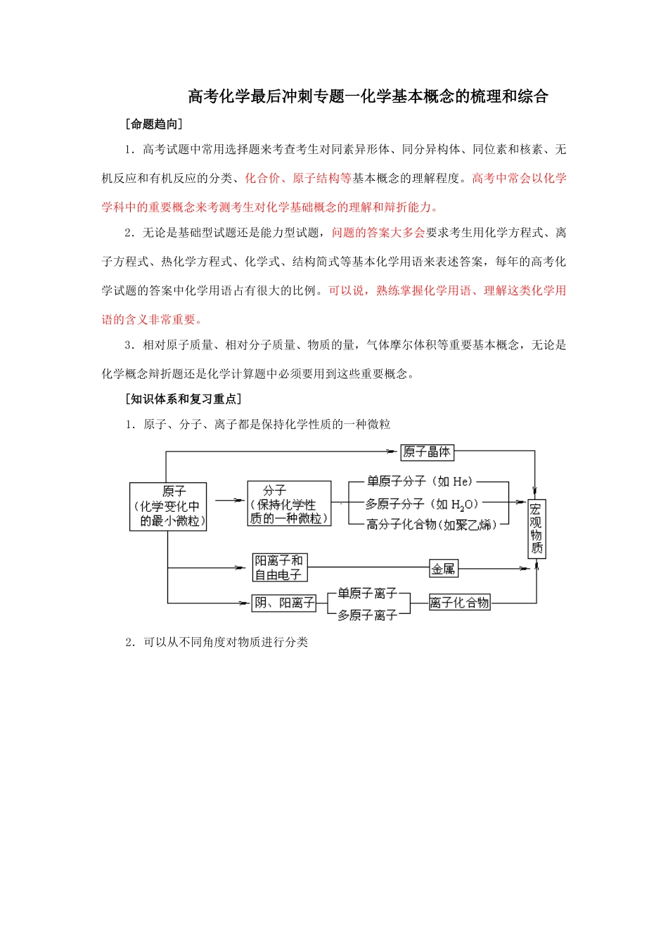 高考化学冲刺专题一化学基本概念的梳理和综合_第1页