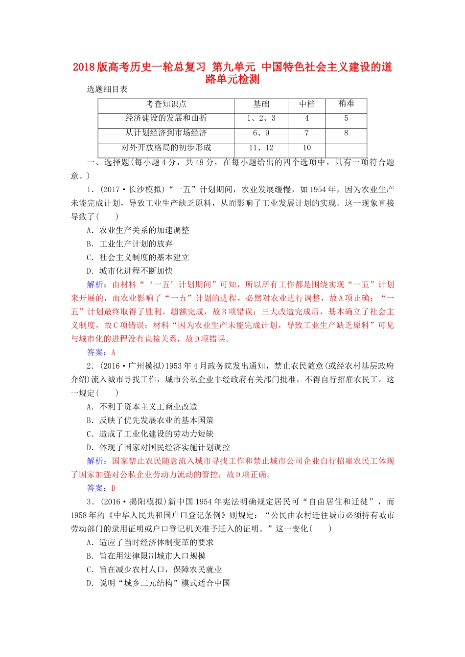 高考历史一轮总复习 第九单元 中国特色社会主义建设的道路单元检测-人教版高三全册历史试题_第1页