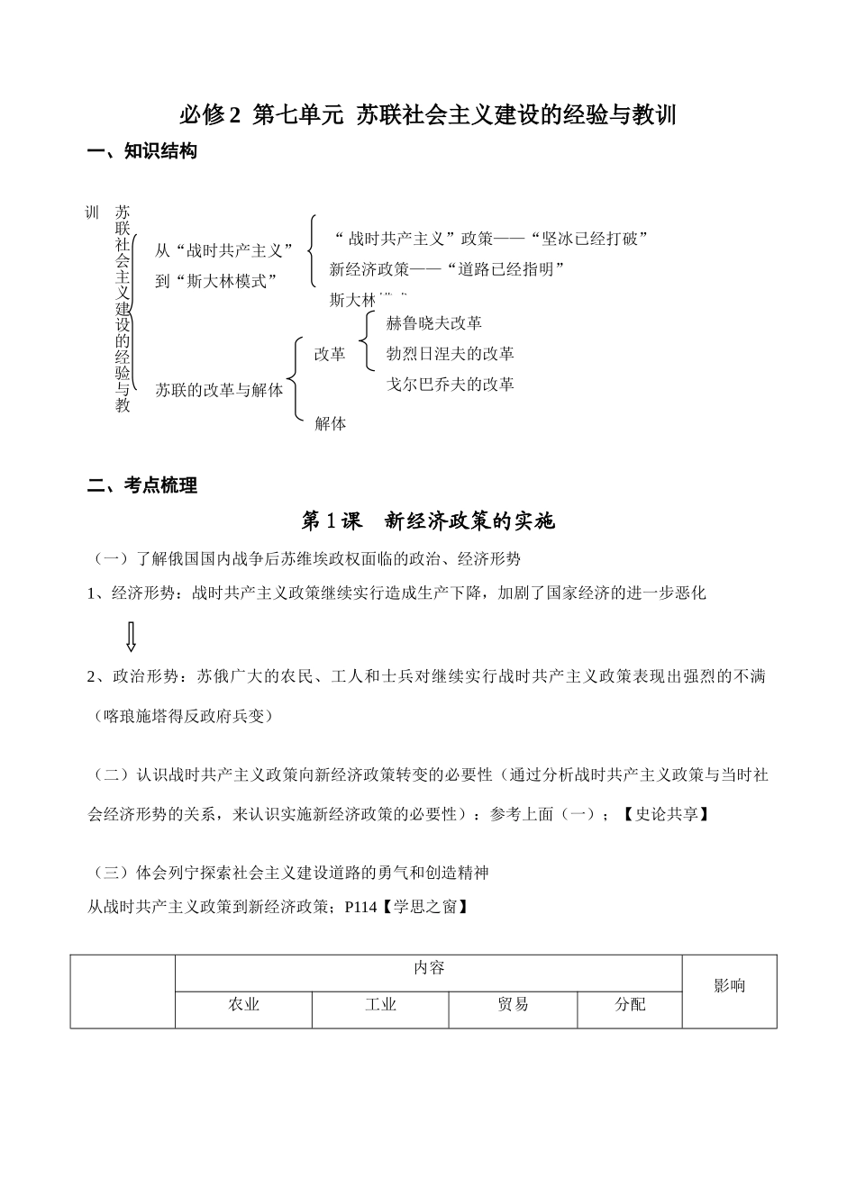 必修2 第七单元苏联社会主义建设的经验与教训_第1页