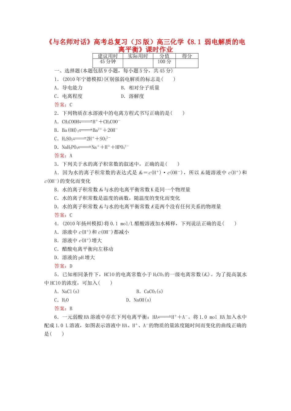 【与名师对话】高考化学总复习（JS版）《8.1 弱电解质的电离平衡》课时作业_第1页