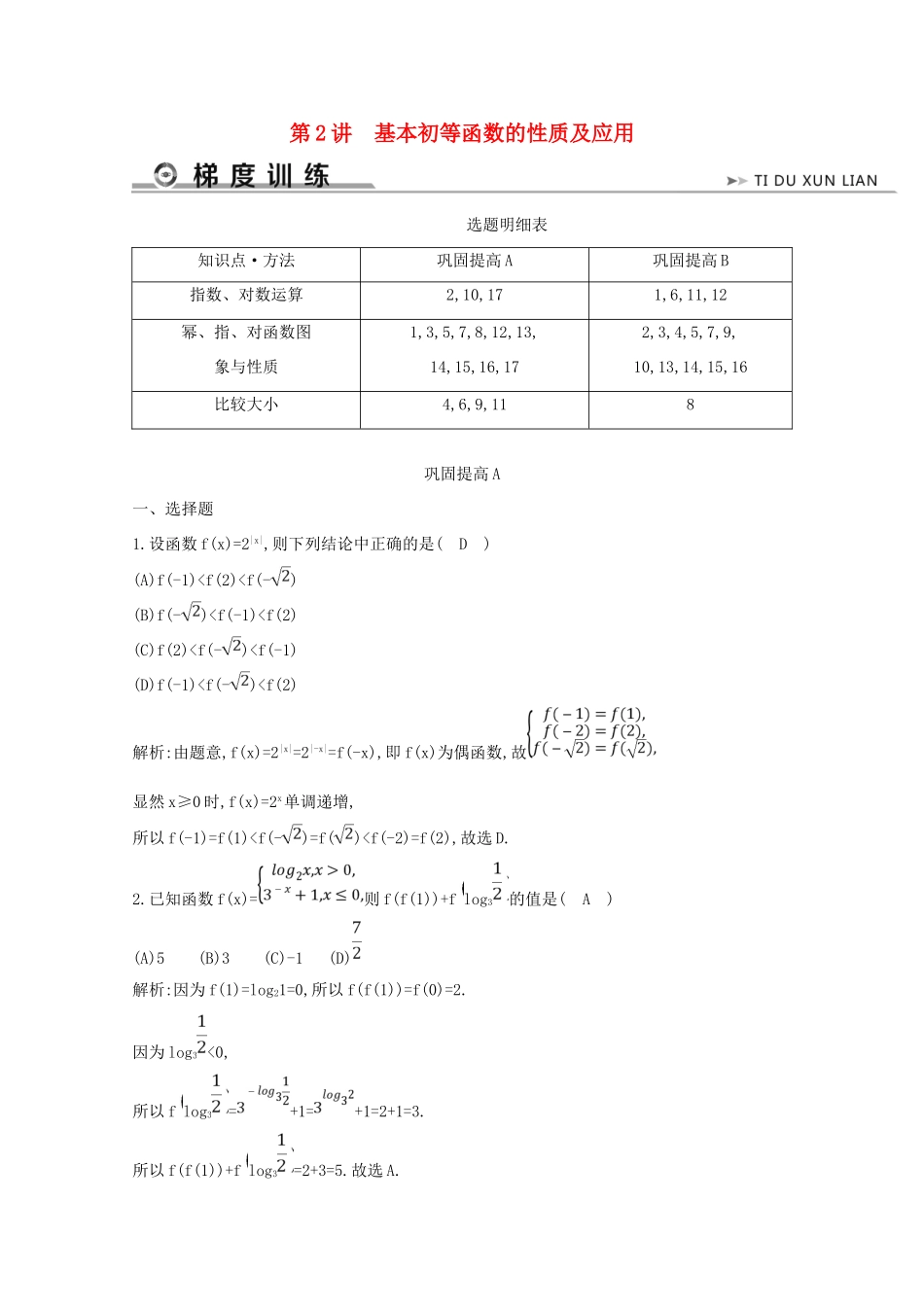 高考数学二轮复习 专题四 函数概念、基本初等函数及导数 第2讲 基本初等函数的性质及应用梯度训练（含解析）新人教A版-新人教A版高三全册数学试题_第1页