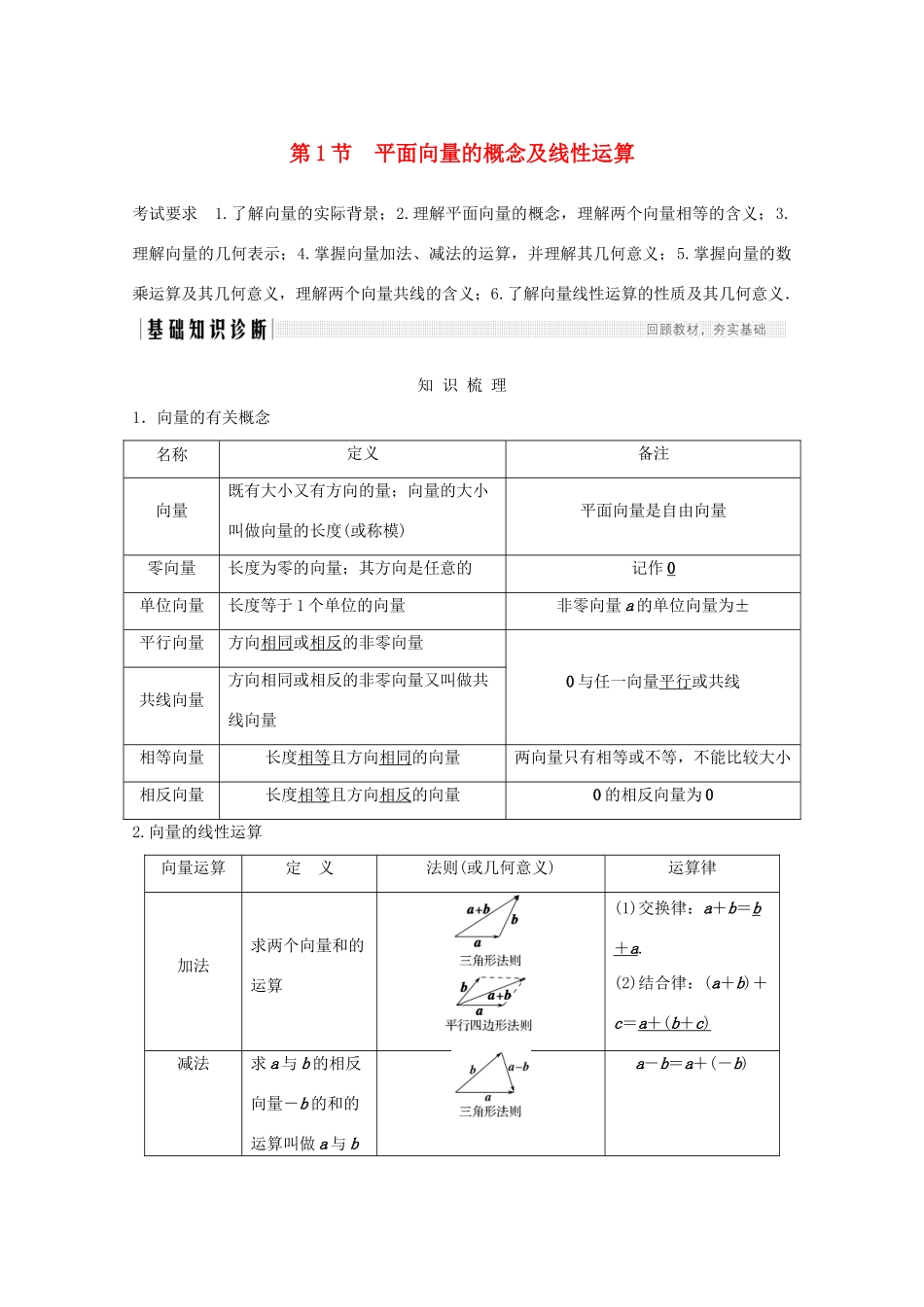 浙江省高考数学一轮复习 第六章 平面向量、复数 第1节 平面向量的概念及线性运算（含解析）-人教版高三全册数学试题_第1页