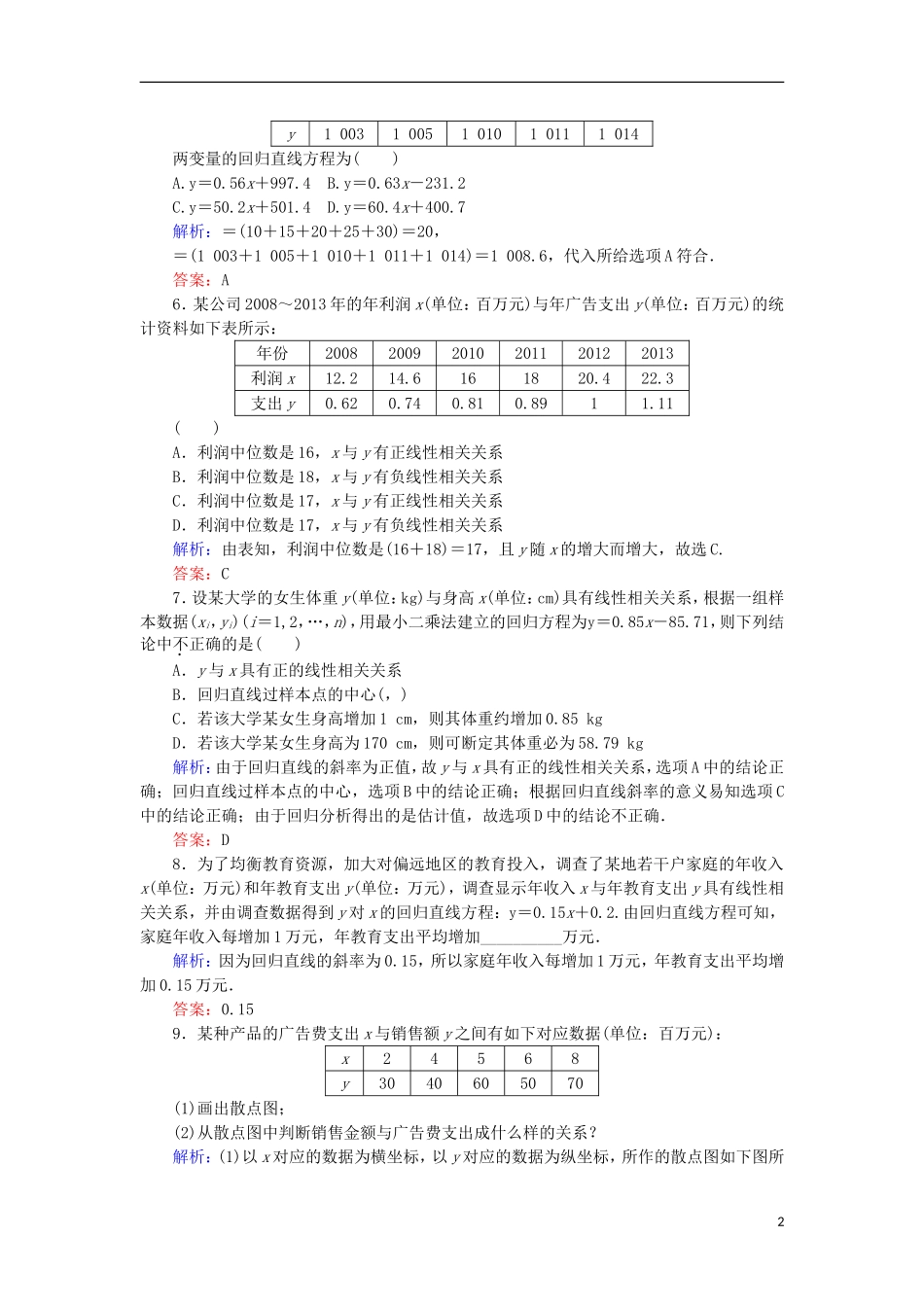 高中数学 14 变量间的相关关系习题 新人教A版必修3-新人教A版高二必修3数学试题_第2页