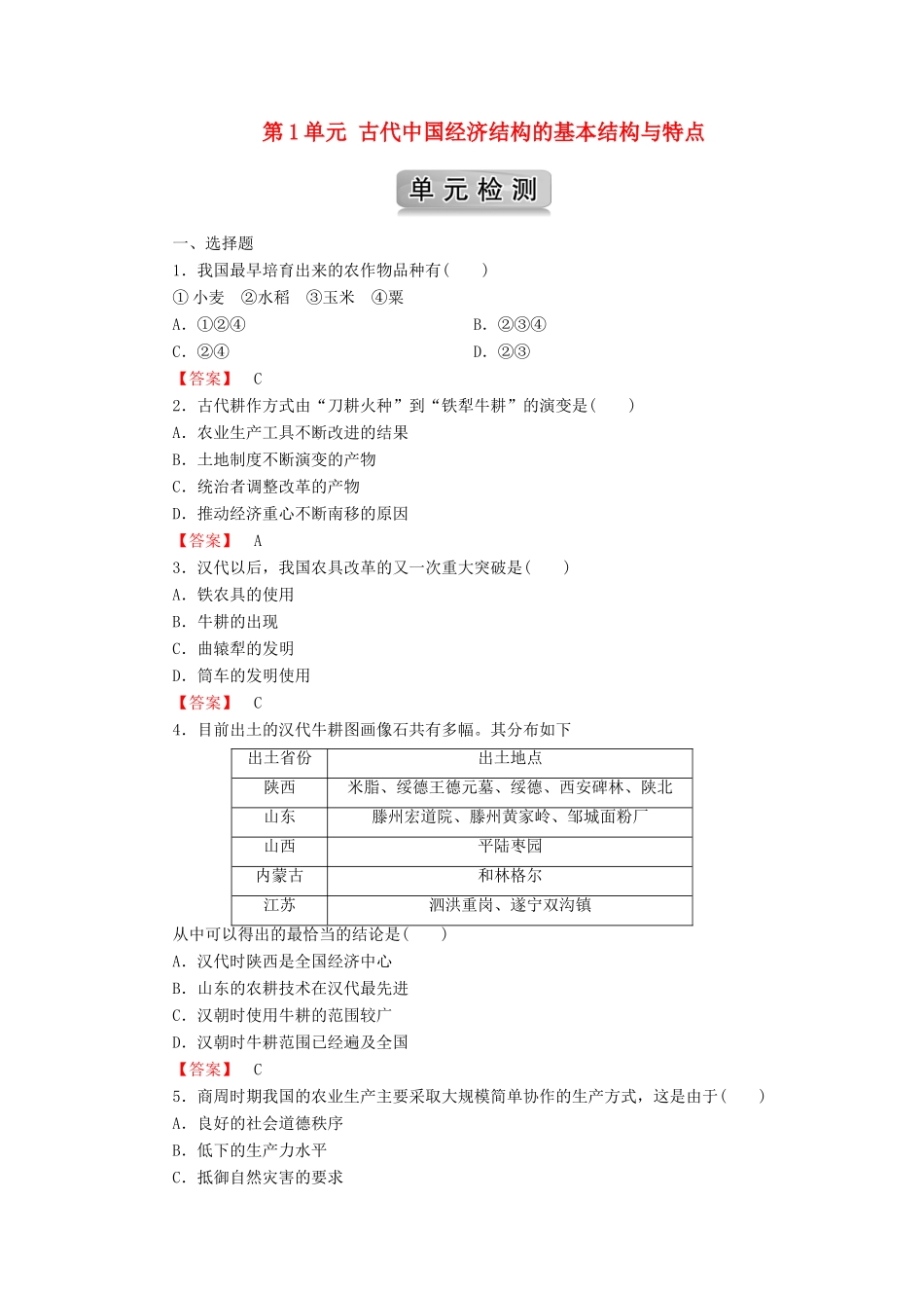 高中历史 第1单元 古代中国经济结构的基本结构与特点单元检测 新人教版必修2-新人教版高一必修2历史试题_第1页