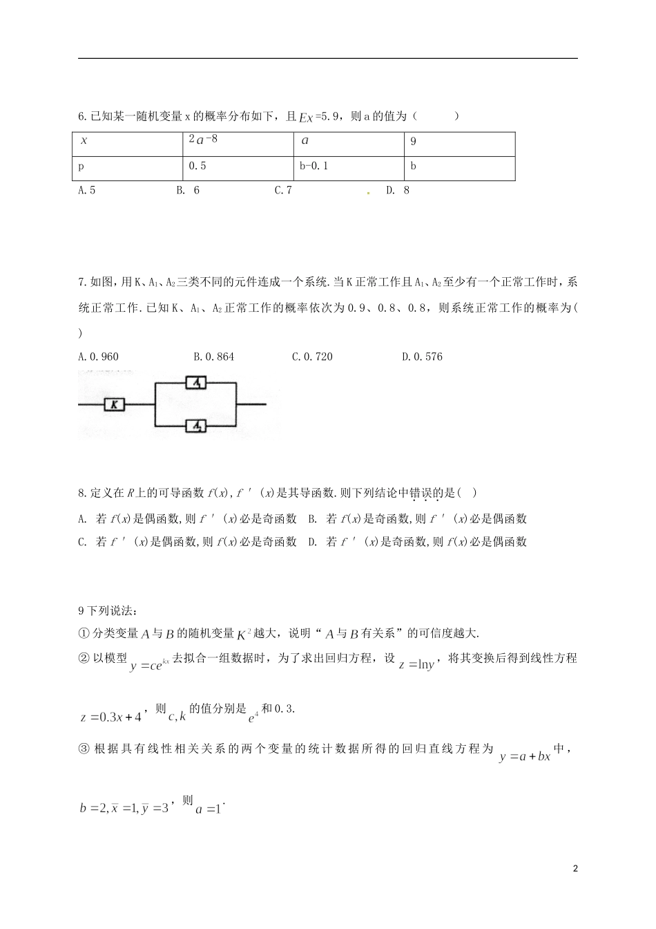 辽宁省沈阳市和平区高二数学下学期期末考试试题 理-人教版高二全册数学试题_第2页