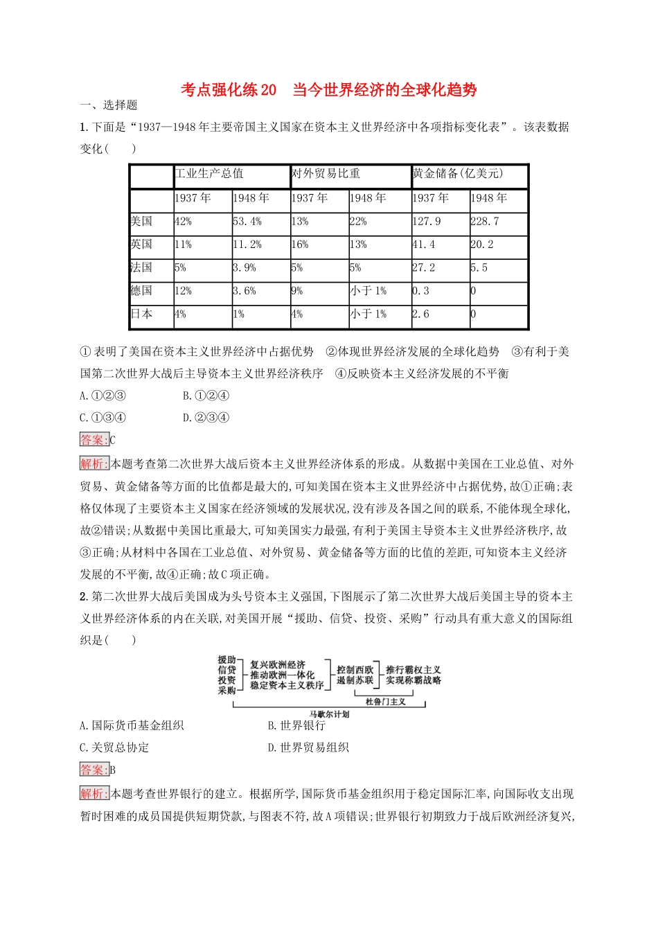 （浙江选考Ⅰ）高考历史总复习 考点强化练20 当今世界经济的全球化趋势-人教版高三全册历史试题_第1页