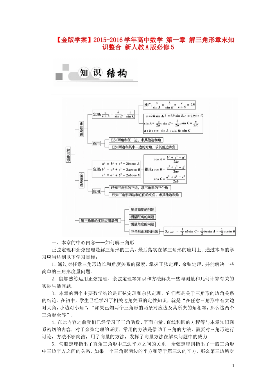 高中数学 第一章 解三角形章末知识整合 新人教A版必修5-新人教A版高二必修5数学试题_第1页