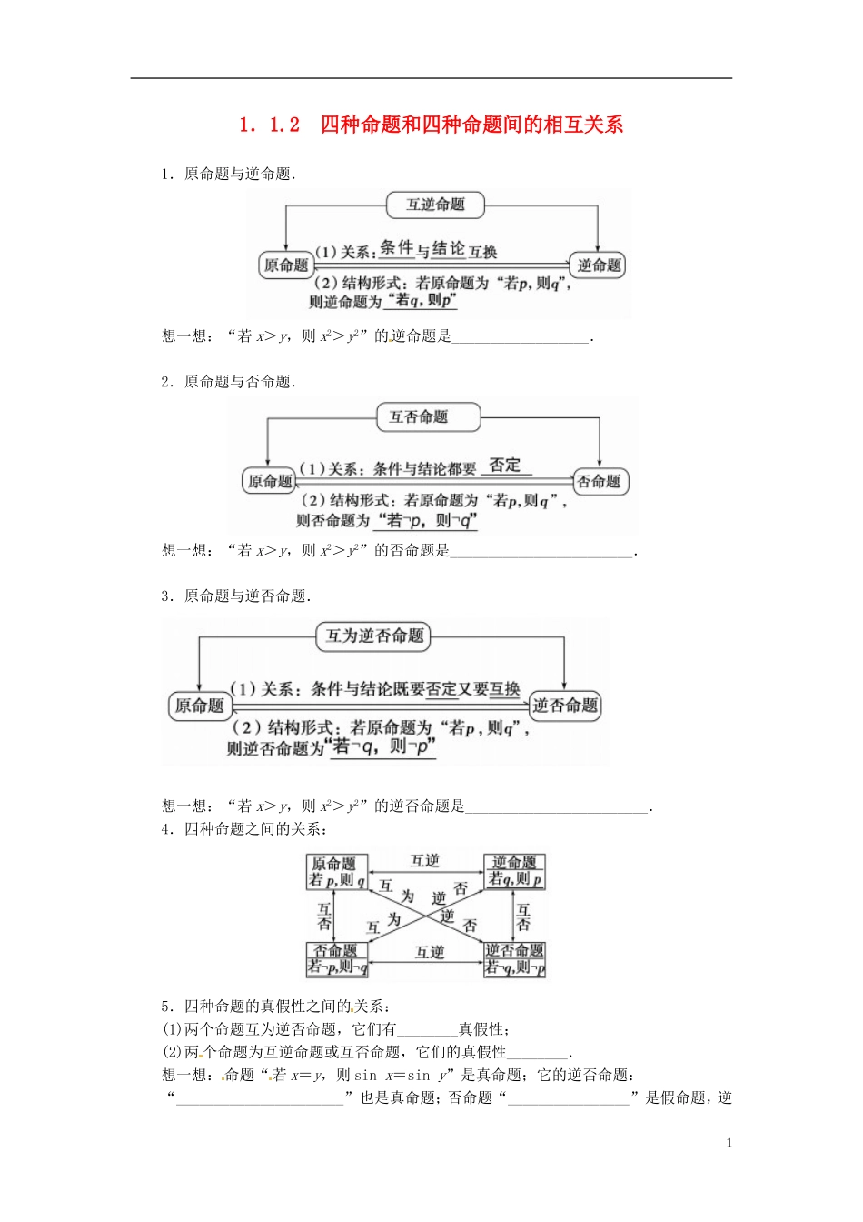 高中数学 1.1.2四种命题和四种命题间的相互关系练习 新人教A版选修2-1-新人教A版高二选修2-1数学试题_第1页