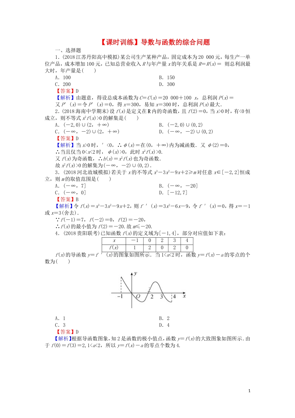 高考数学一轮复习 第3章 导数及其应用 14.3 导数与函数的综合问题课时训练 文（含解析）-人教版高三全册数学试题_第1页