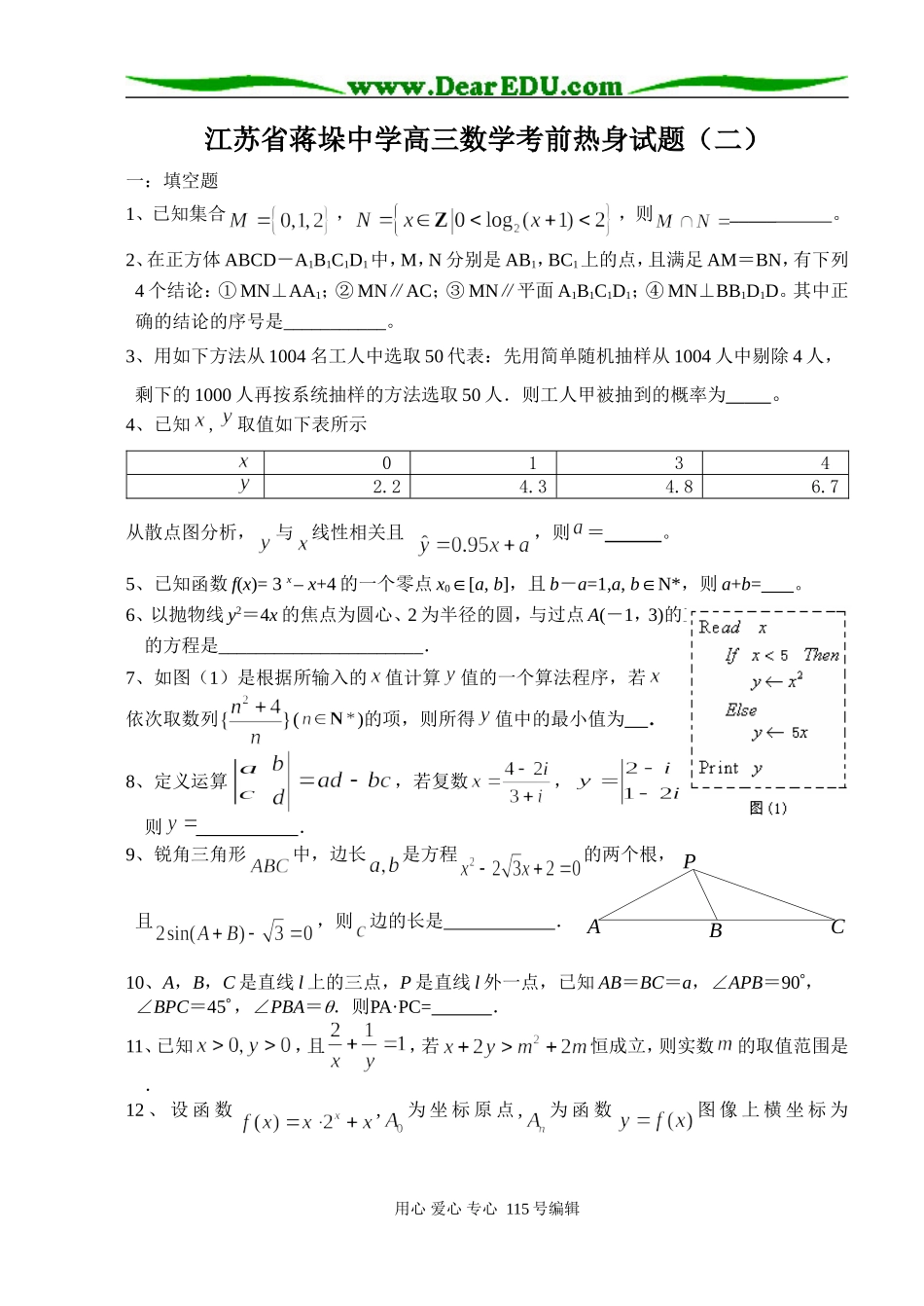 江苏省蒋垛中学高三数学考前热身试题（二）_第1页
