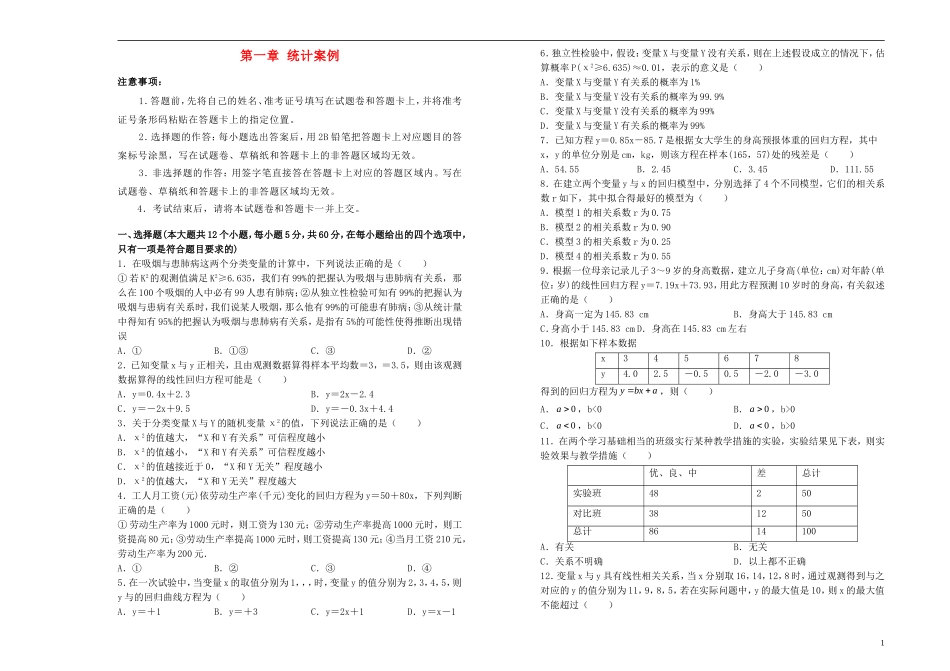 高中数学 第一章 统计案例单元测试（二）新人教A版选修1-2-新人教A版高二选修1-2数学试题_第1页