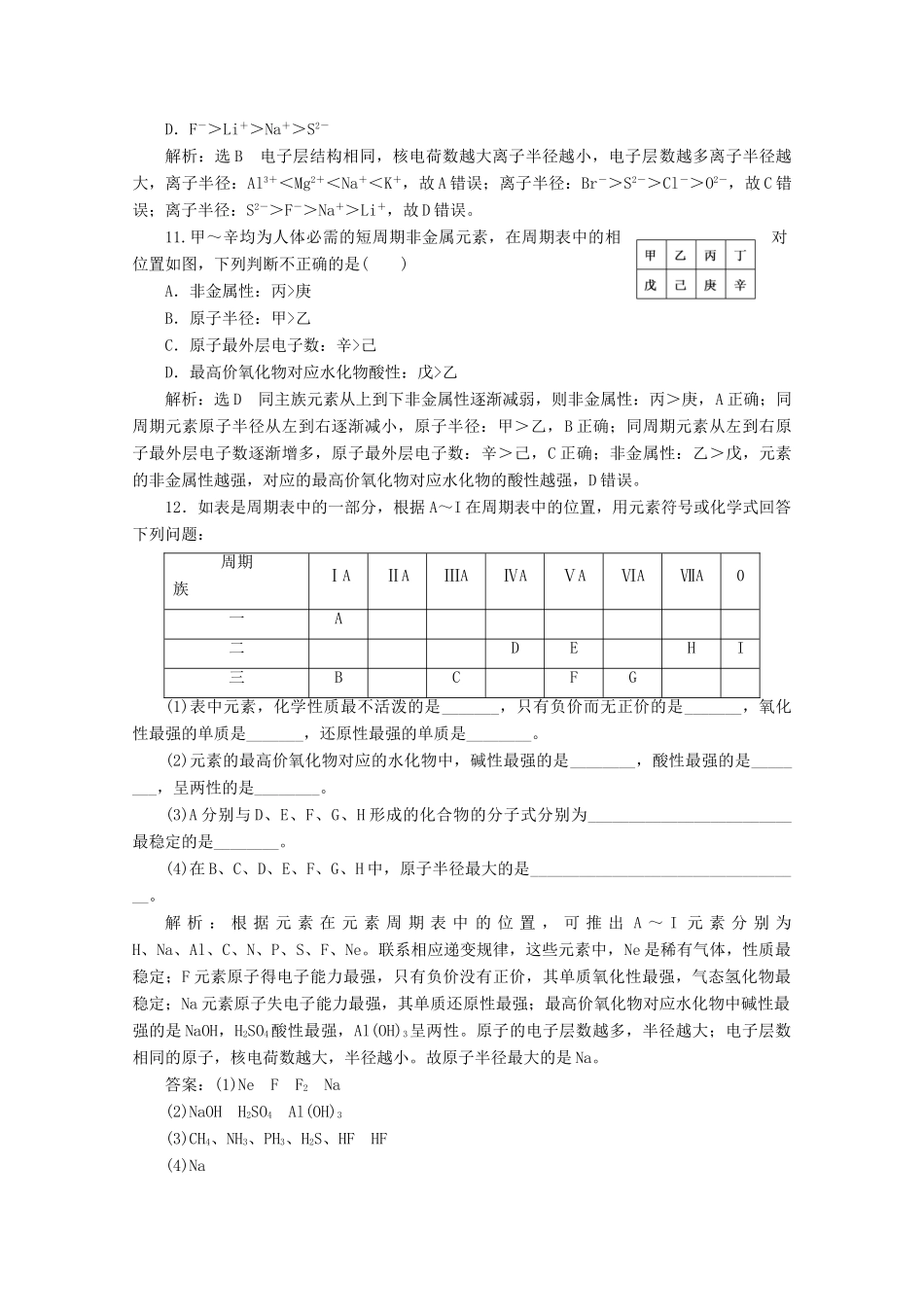 高中化学 课时跟踪检测（二十四）元素性质的周期性变化规律（含解析）新人教版必修第一册-新人教版高一第一册化学试题_第3页