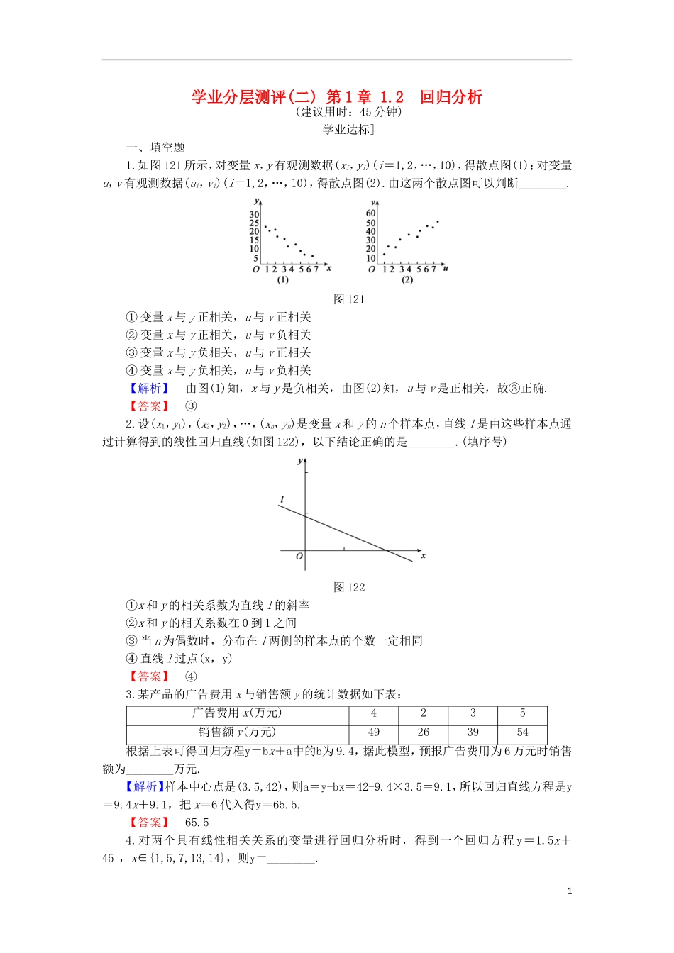 高中数学 第1章 统计案例 1.2 回归分析学业分层测评 苏教版选修1-2-苏教版高二选修1-2数学试题_第1页