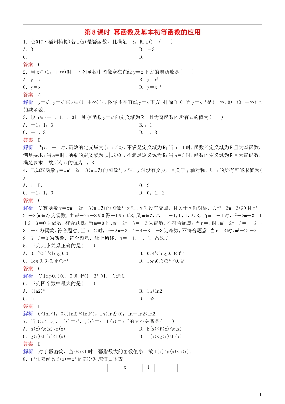 高考数学一轮复习 第2章 函数与基本初等函数 第8课时 幂函数及基本初等函数的应用练习 理-人教版高三全册数学试题_第1页