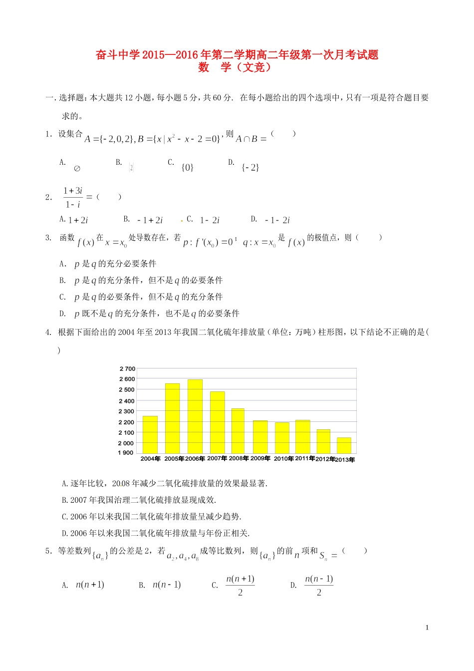 高二数学下学期第一次月考试题（文竟）-人教版高二全册数学试题_第1页