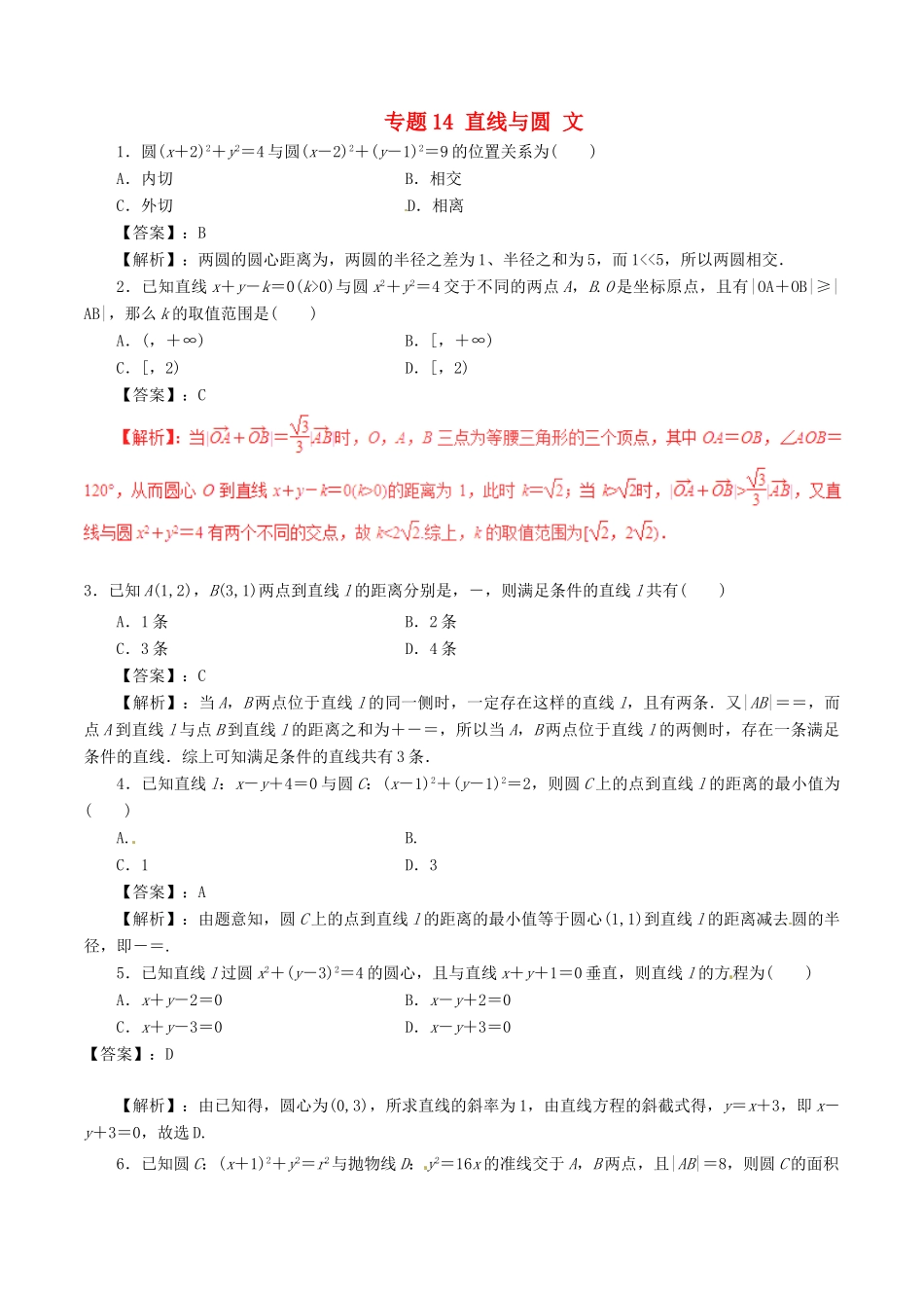 高考数学（深化复习命题热点提分）专题14 直线与圆 文-人教版高三全册数学试题_第1页