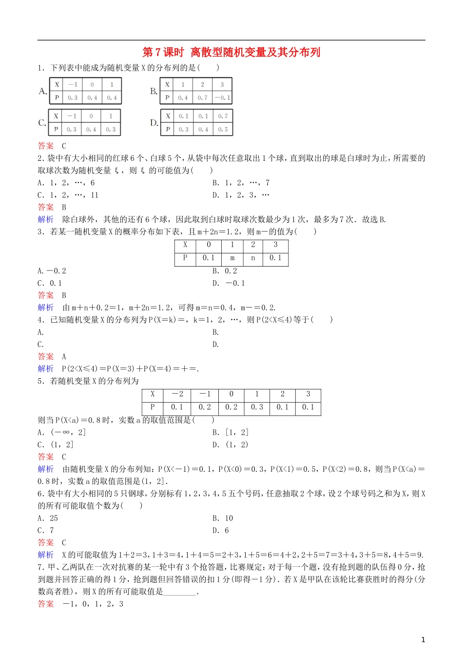 高考数学一轮复习 第11章 计数原理和概率 第7课时 离散型随机变量及其分布列练习 理-人教版高三全册数学试题_第1页