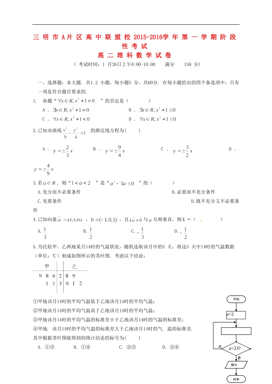 高中联盟校高二数学上学期期末考试试题 理-人教版高二全册数学试题_第1页