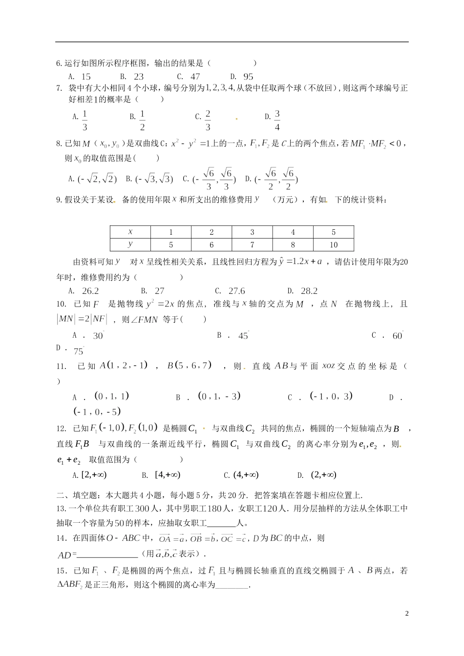 高中联盟校高二数学上学期期末考试试题 理-人教版高二全册数学试题_第2页