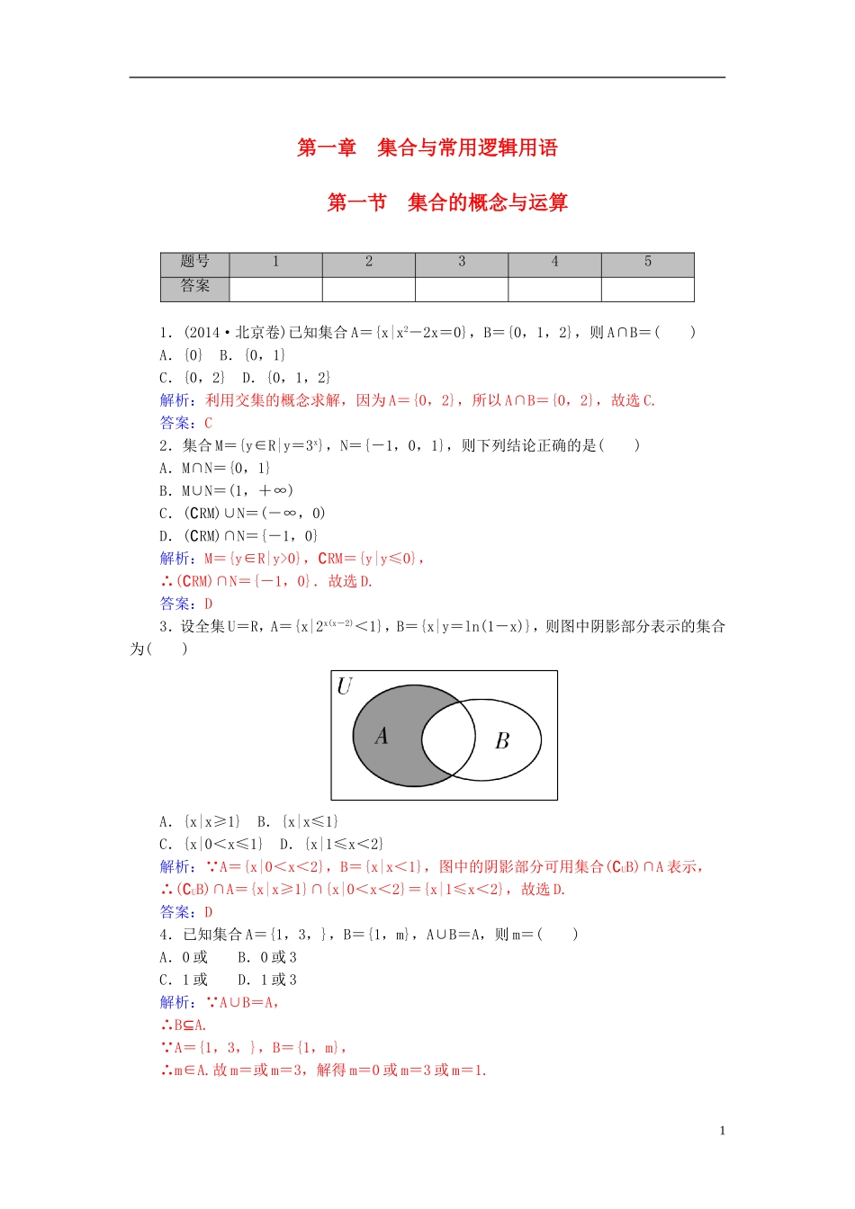 高考数学一轮复习 1.1集合的概念与运算练习 理-人教版高三全册数学试题_第1页