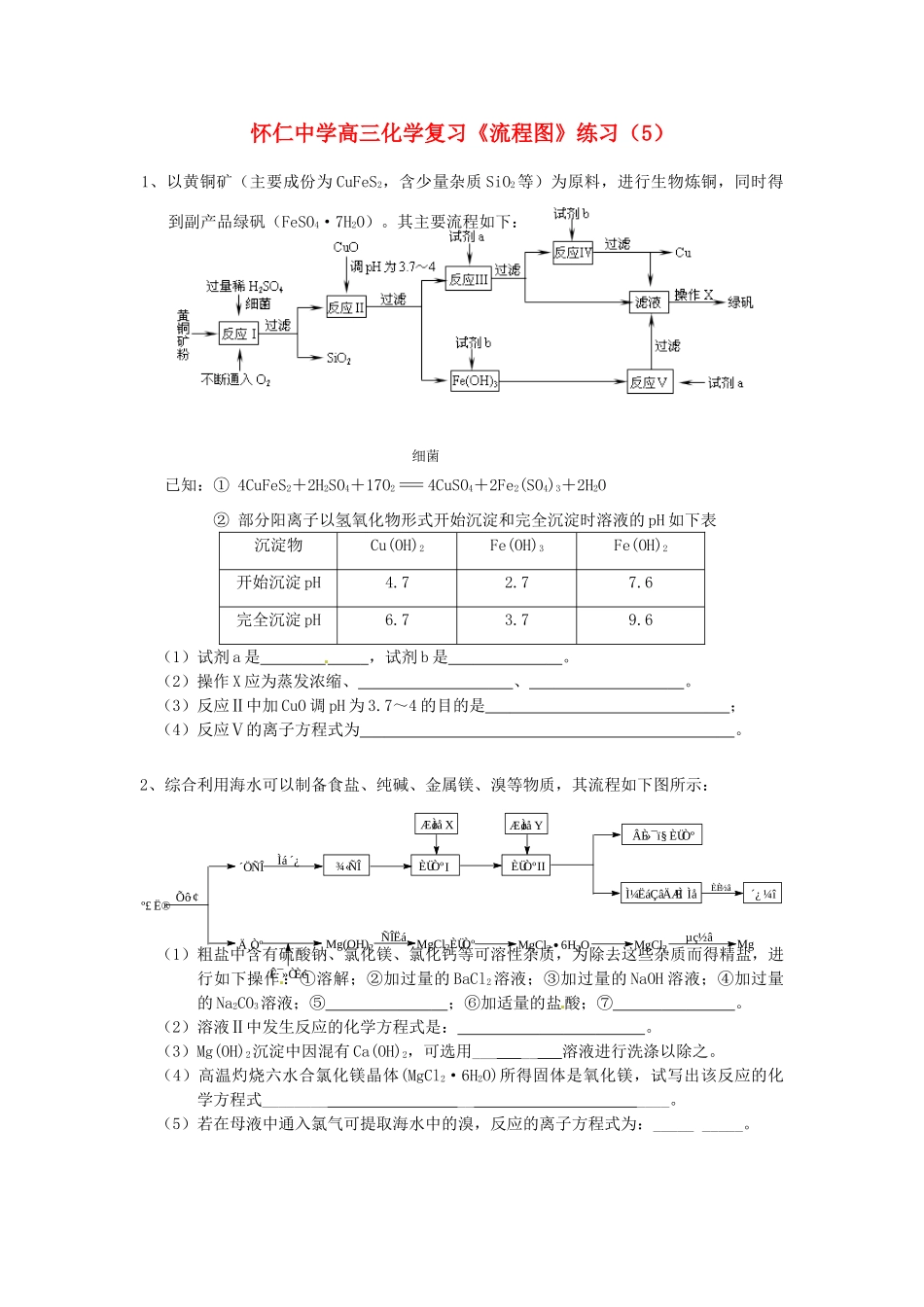 江苏省怀仁中学高三化学复习《流程图》练习（2）_第1页