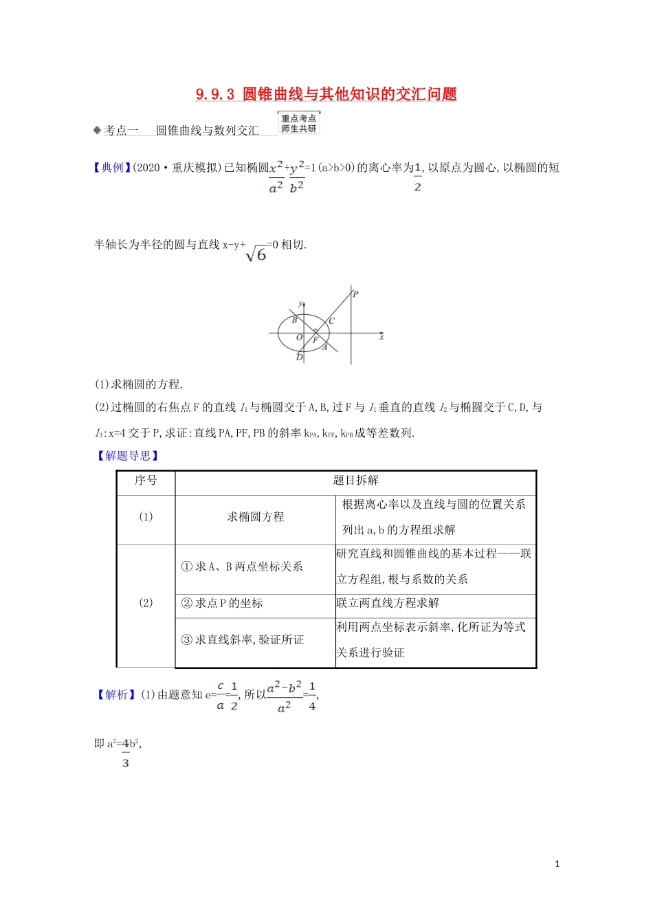 高考数学一轮复习 第九章 平面解析几何 9.9.3 圆锥曲线与其他知识的交汇问题练习 苏教版-苏教版高三全册数学试题_第1页