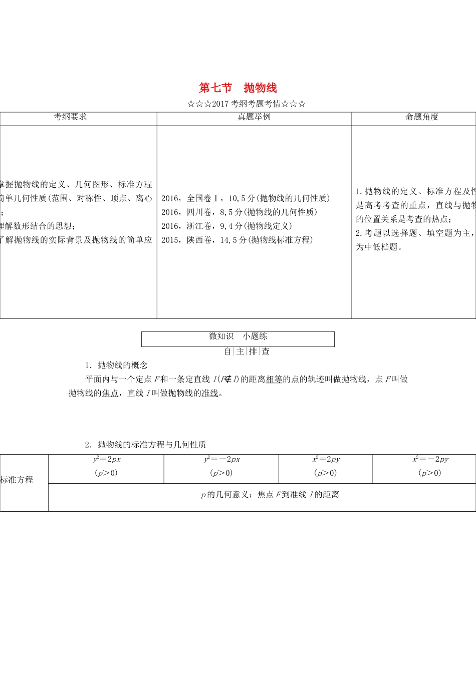 高考数学大一轮复习 第八章 解析几何 第七节 抛物线教师用书 理-人教版高三全册数学试题_第1页