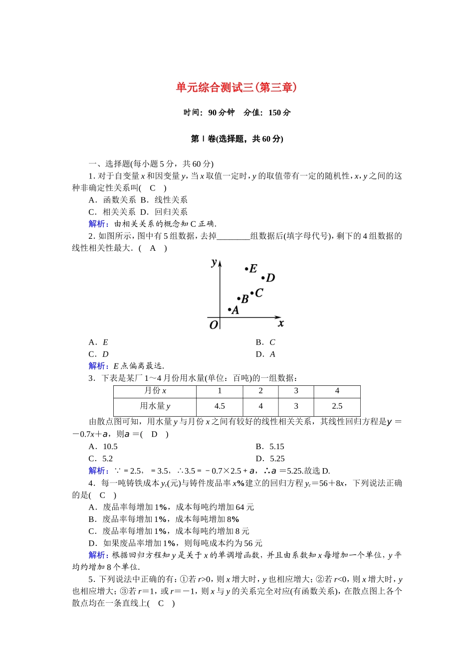 高中数学 第三章 统计案例单元综合测试（含解析）新人教A版选修2-3-新人教A版高二选修2-3数学试题_第1页