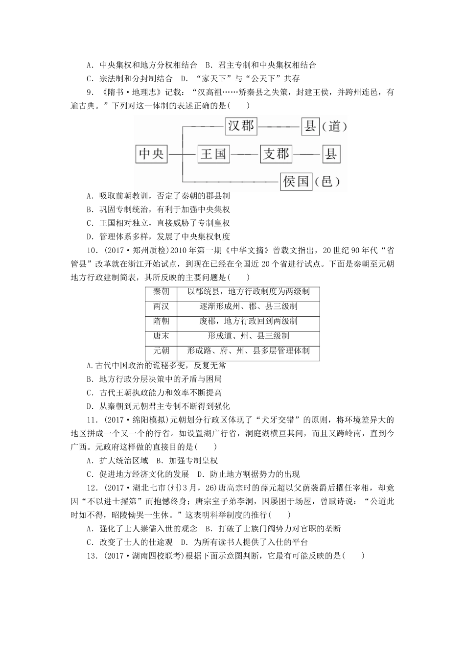 高考历史第一轮总复习全程训练 周测1 古代中国的政治制度 新人教版-新人教版高三全册历史试题_第2页
