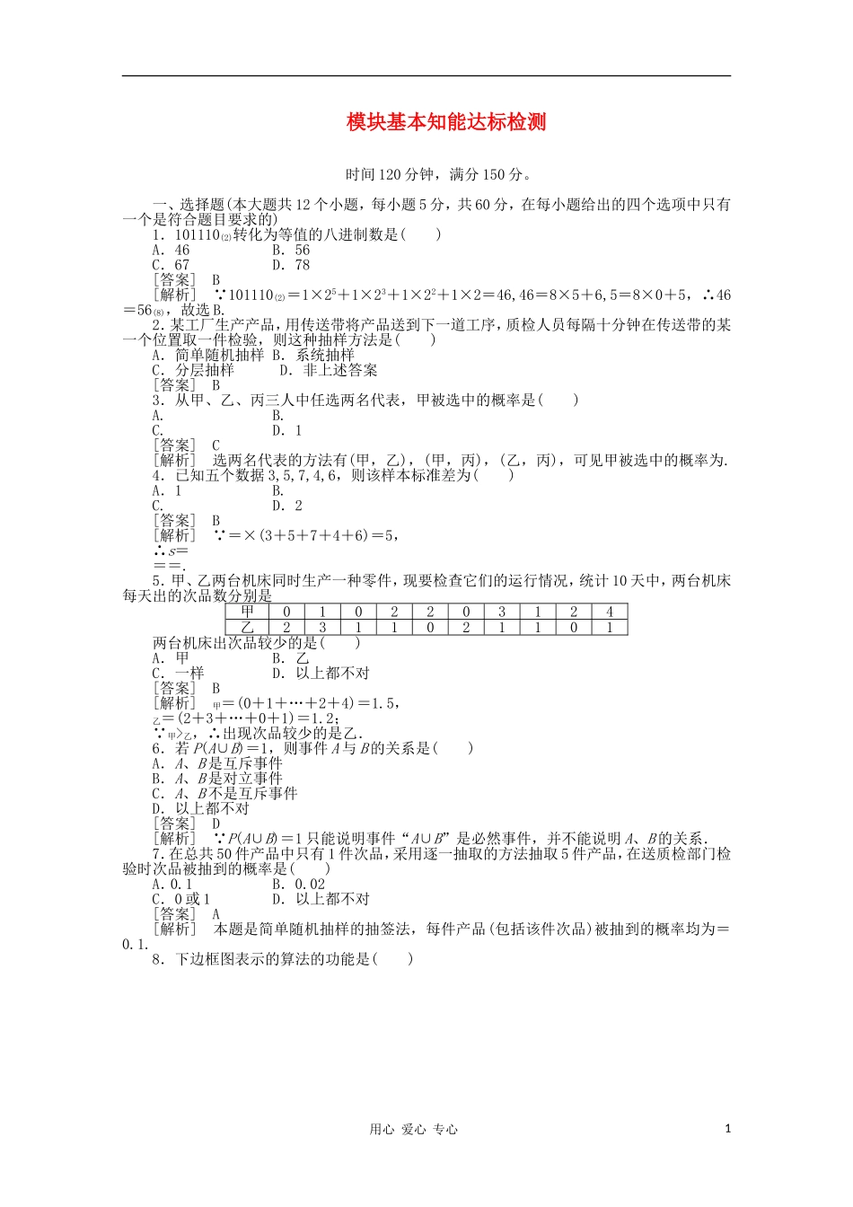 高中数学 课后强化训练（含详解）模块基本知能达标检测 新人教版必修3_第1页