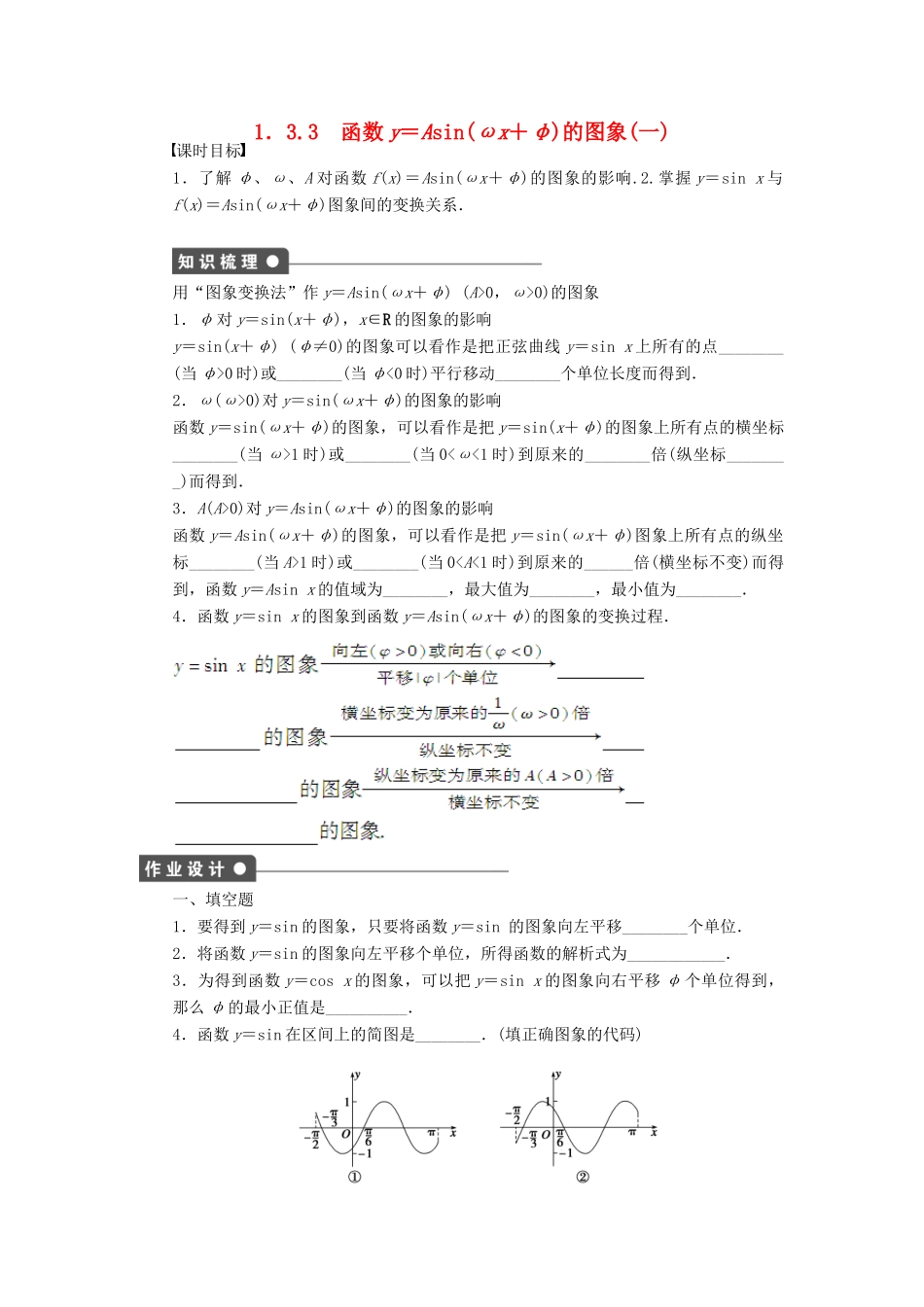 高中数学 第一章 三角函数 1.3.3 函数y＝Asin(ωx＋φ)的图象（1）课时训练（含解析）苏教版必修4-苏教版高一必修4数学试题_第1页