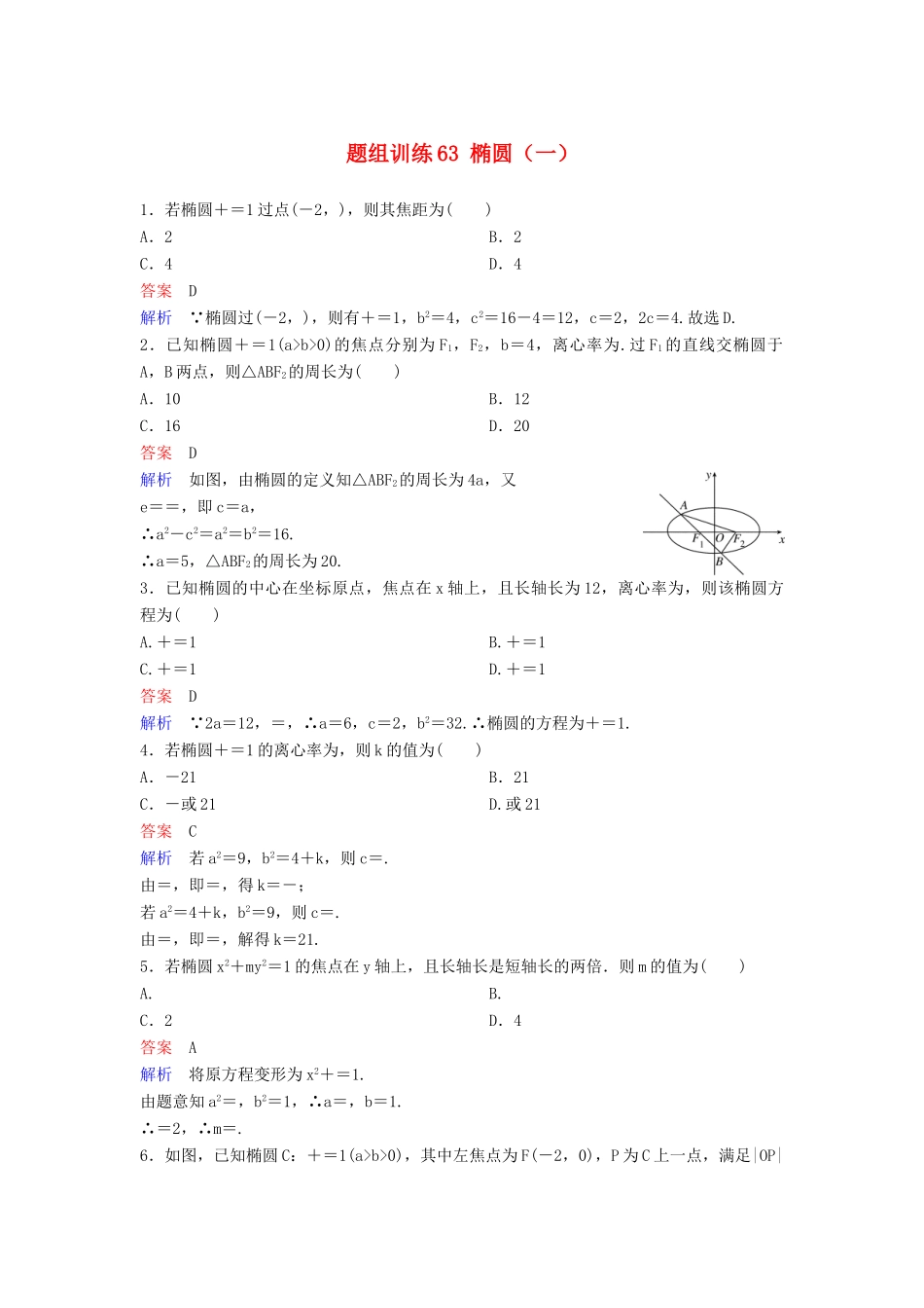 高考数学一轮总复习 第九章 解析几何 题组训练63 椭圆（一）理-人教版高三全册数学试题_第1页
