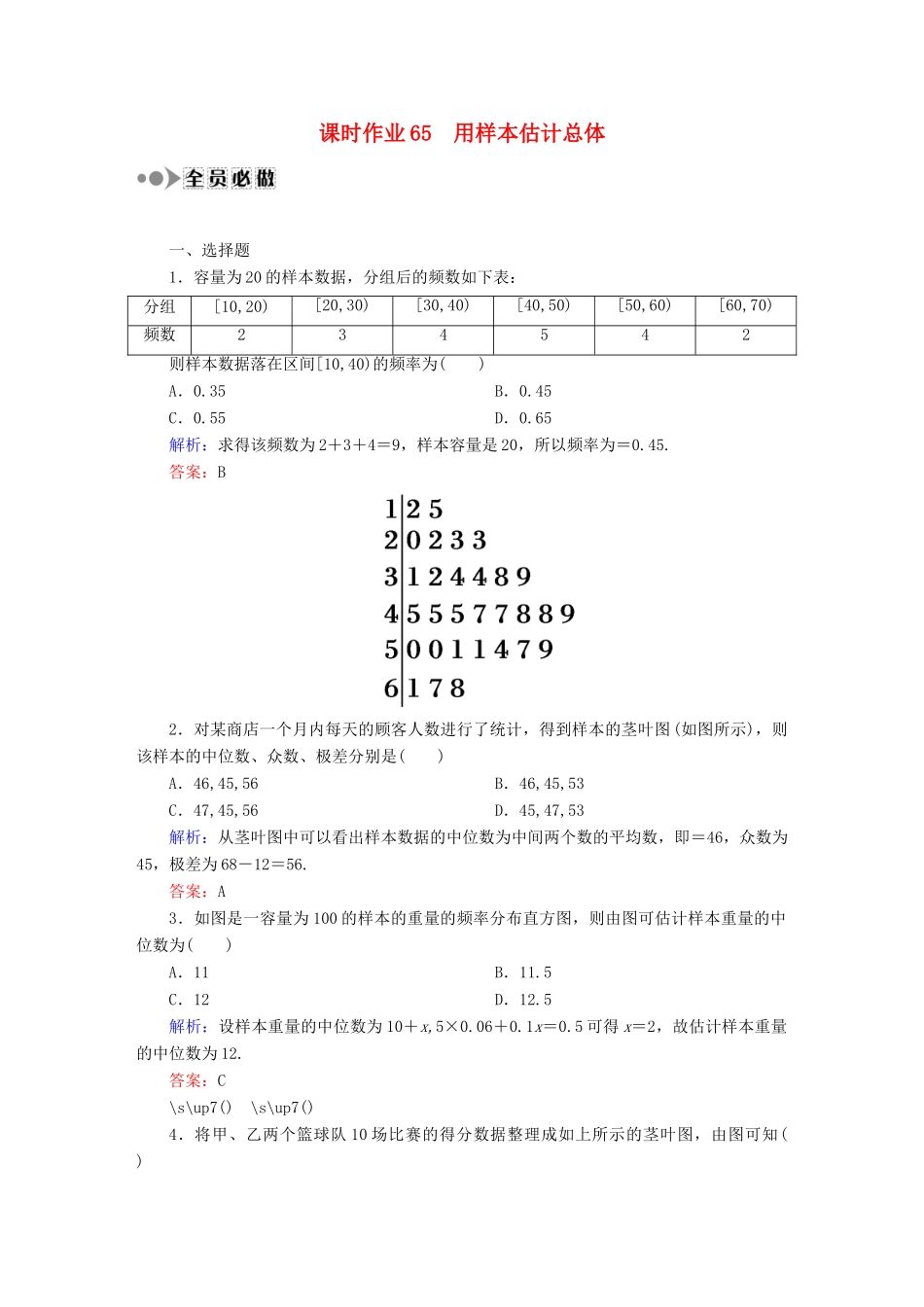 （新课标）高考数学大一轮复习 第九章 算法初步、统计与统计案例课时作业65 理 新人教A版-新人教A版高三全册数学试题_第1页