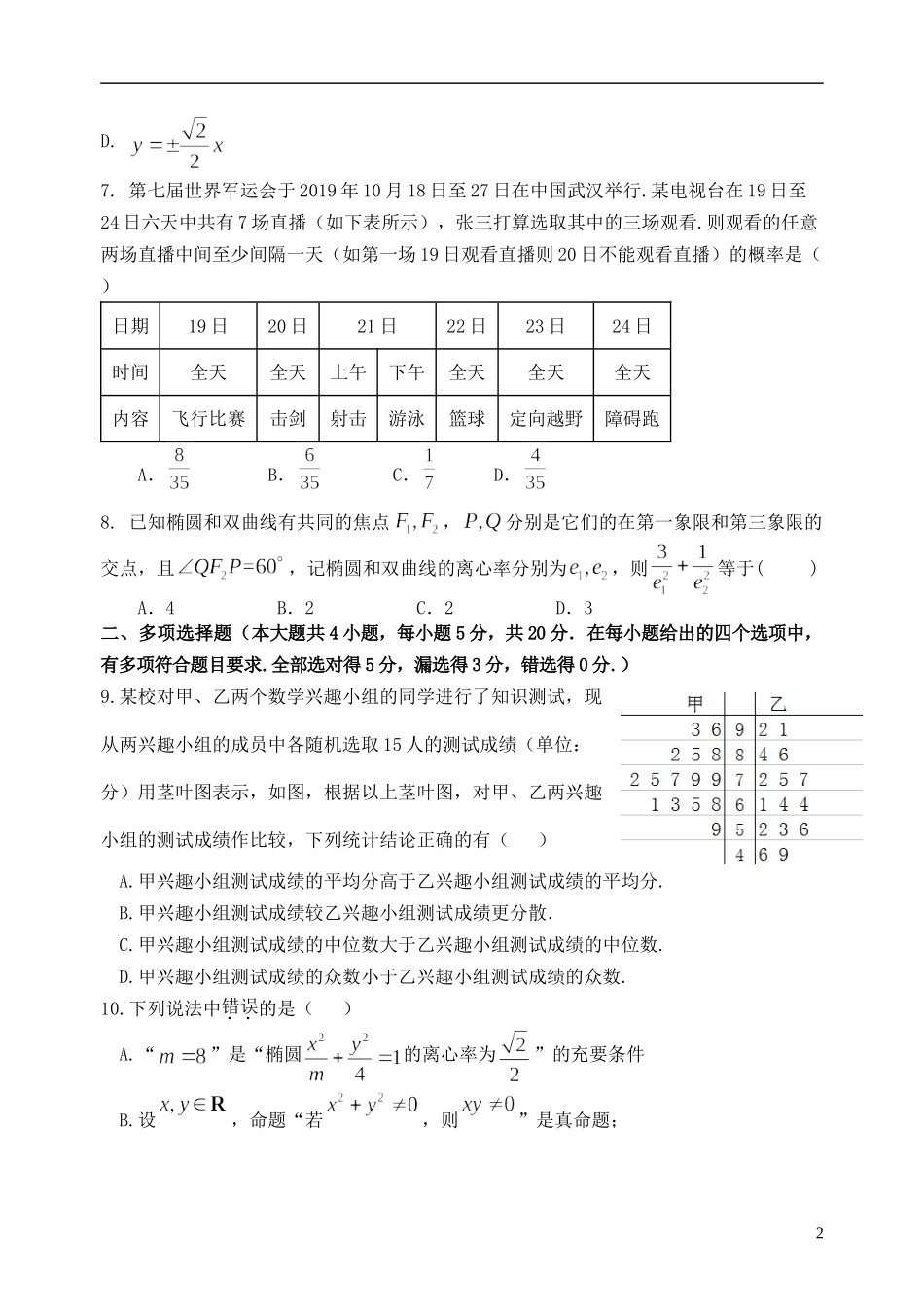 福建省福州市八县（市）一中高二数学上学期期中联考试题-人教版高二全册数学试题_第2页