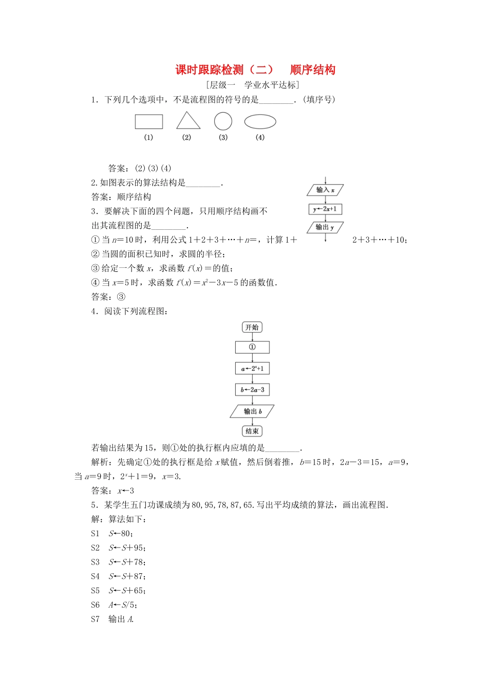 高中数学 课时跟踪检测（二）顺序结构 苏教版必修3-苏教版高一必修3数学试题_第1页