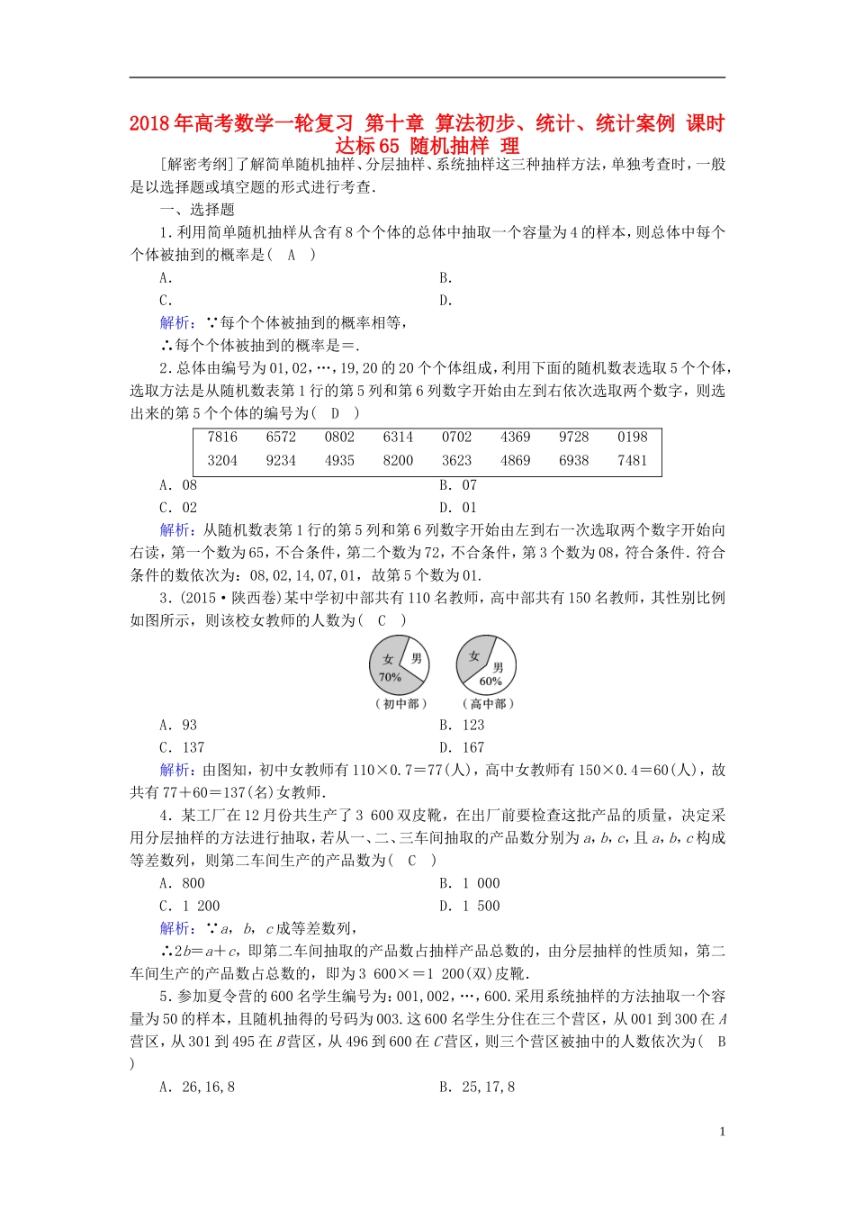 高考数学一轮复习 第十章 算法初步、统计、统计案例 课时达标65 随机抽样 理-人教版高三全册数学试题_第1页