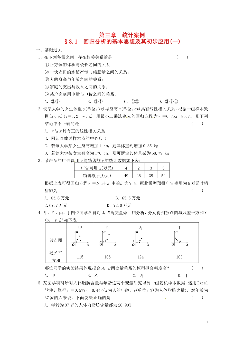 高中数学 3.1回归分析的基本思想及其初步应用同步练习1 新人教A版选修2-3-新人教A版高二选修2-3数学试题_第1页