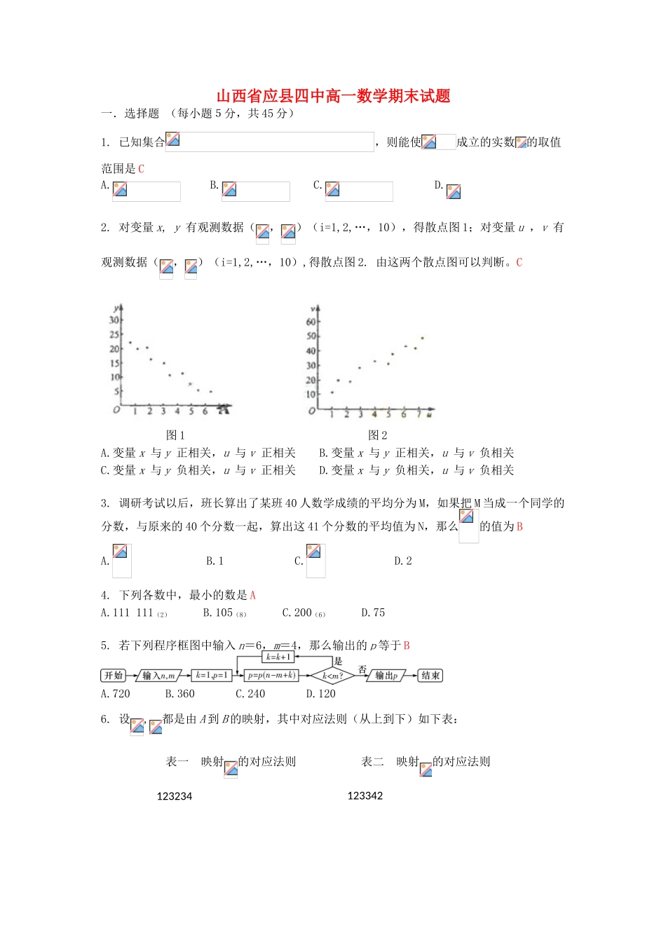 山西省应县四中11—12学年高一数学上学期期末考试试题新人教A版_第1页