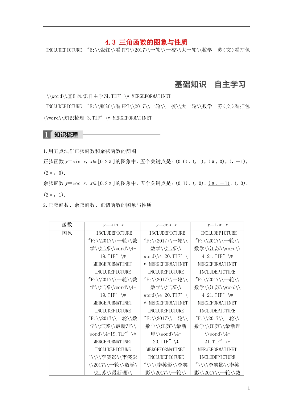（江苏专用）高考数学大一轮复习 第四章 三角函数、解三角形 4.3 三角函数的图象与性质教师用书 文 苏教版-苏教版高三全册数学试题_第1页