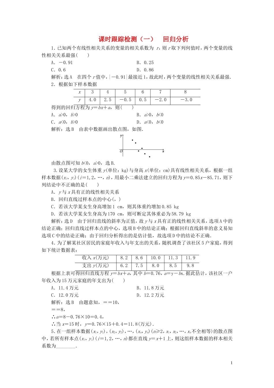 高中数学 课时跟踪检测（一）回归分析（含解析）北师大版选修1-2-北师大版高二选修1-2数学试题_第1页
