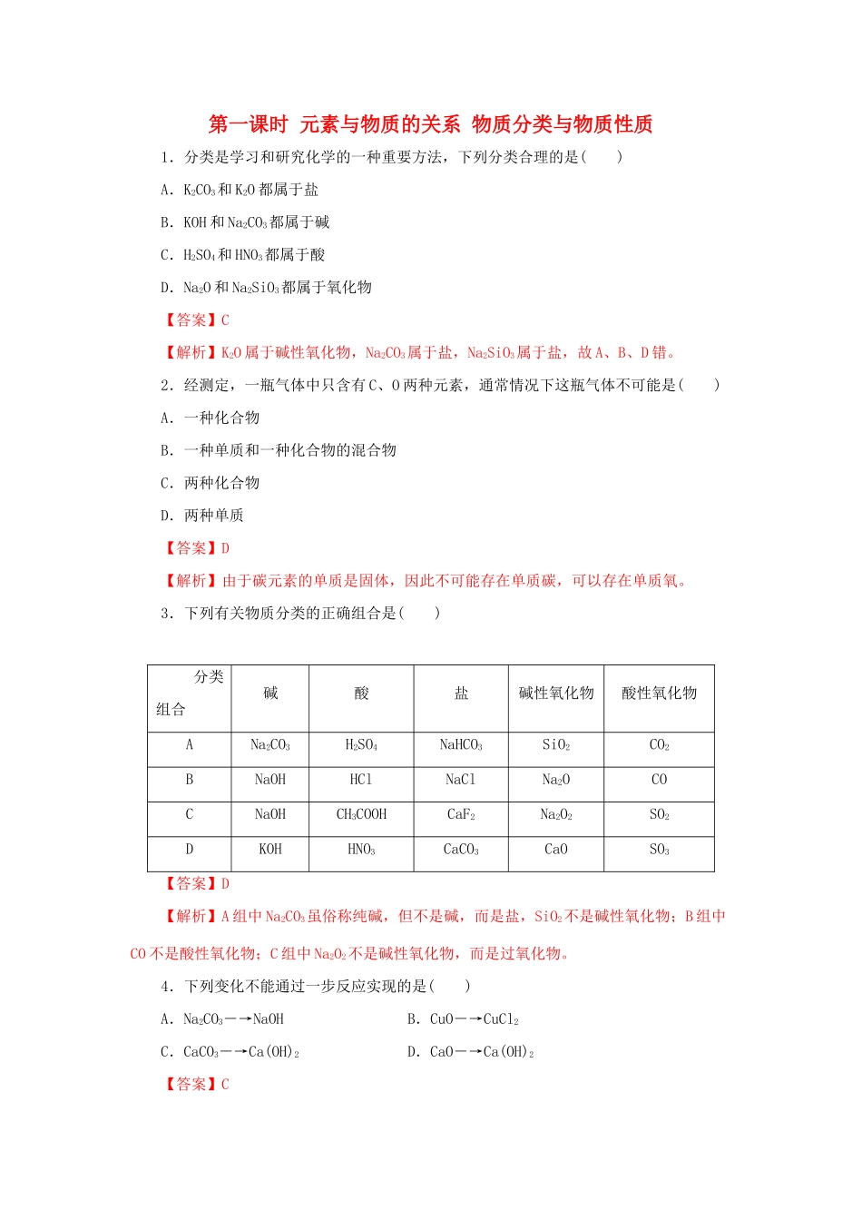 高中化学 2.1.1 元素与物质的关系 物质分类与物质性质练习（1）（含解析）鲁科版必修第一册-鲁科版高一第一册化学试题_第1页