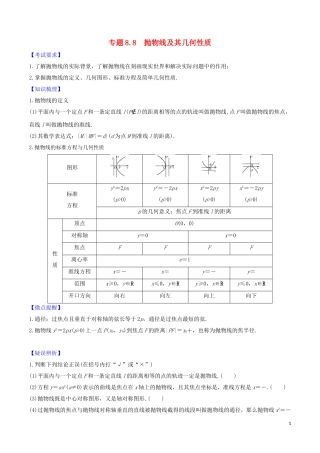 高考数学一轮复习 第八篇 平面解析几何 专题8.8 抛物线及其几何性质练习（含解析）-人教版高三全册数学试题