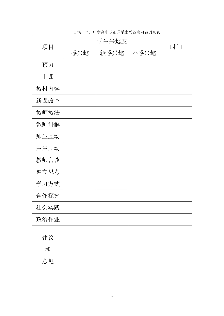 白银市平川中学高中政治课学生兴趣度问卷调查表_第1页