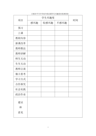 白银市平川中学高中政治课学生兴趣度问卷调查表