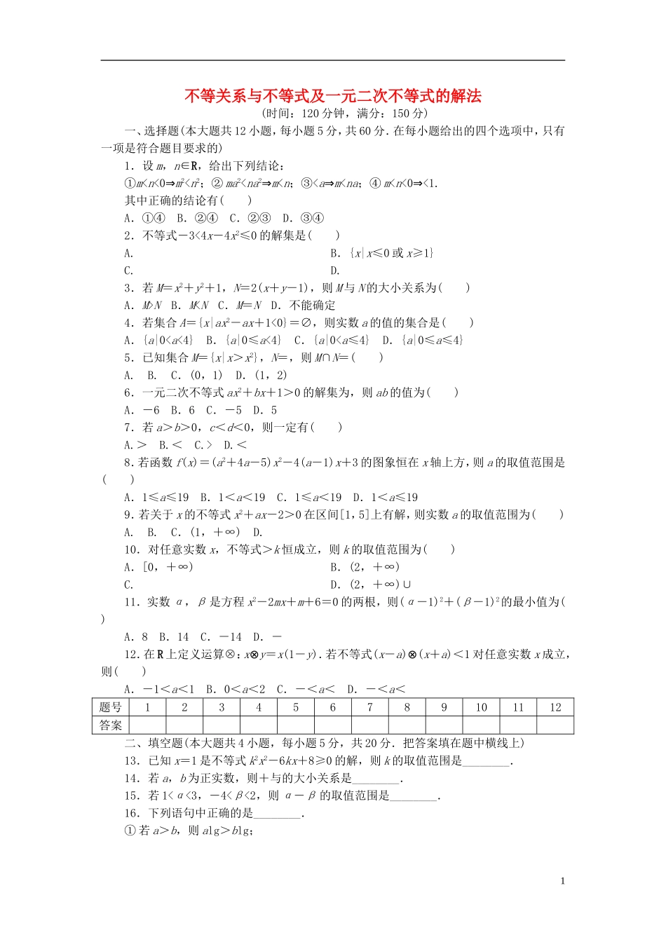 高中数学 第三章 不等式 3.2.3 不等关系与不等式及一元二次不等式的解法单元检测 新人教A版必修5-新人教A版高二必修5数学试题_第1页