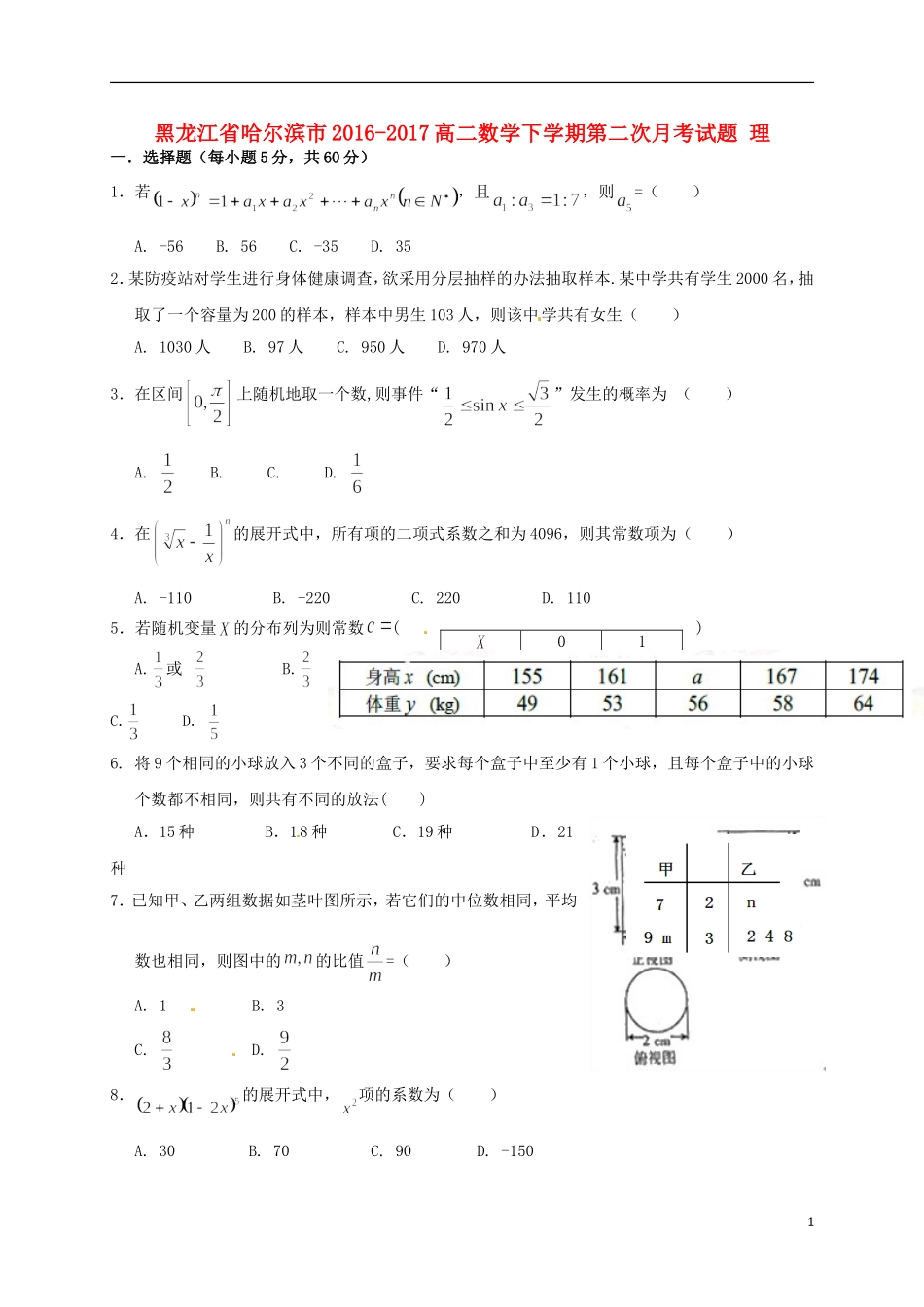 黑龙江省哈尔滨市-高二数学下学期第二次月考试题 理-人教版高二全册数学试题_第1页