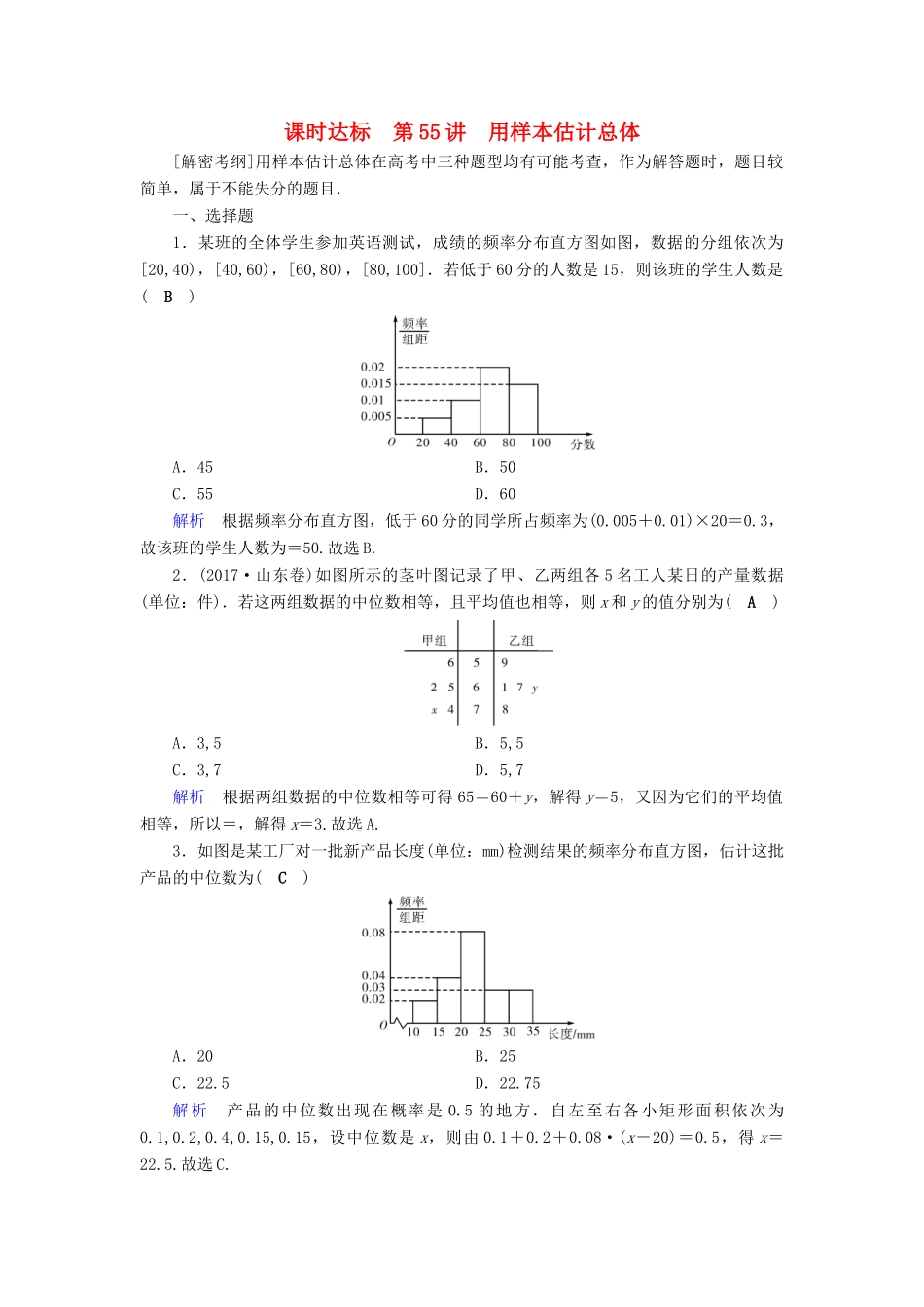 （全国通用版）高考数学大一轮复习 第十章 算法初步、统计、统计案例 课时达标55 用样本估计总体-人教版高三全册数学试题_第1页