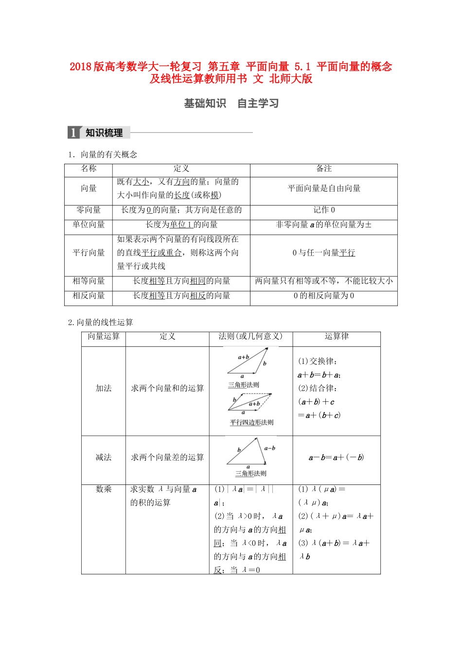 高考数学大一轮复习 第五章 平面向量 5.1 平面向量的概念及线性运算教师用书 文 北师大版-北师大版高三全册数学试题_第1页